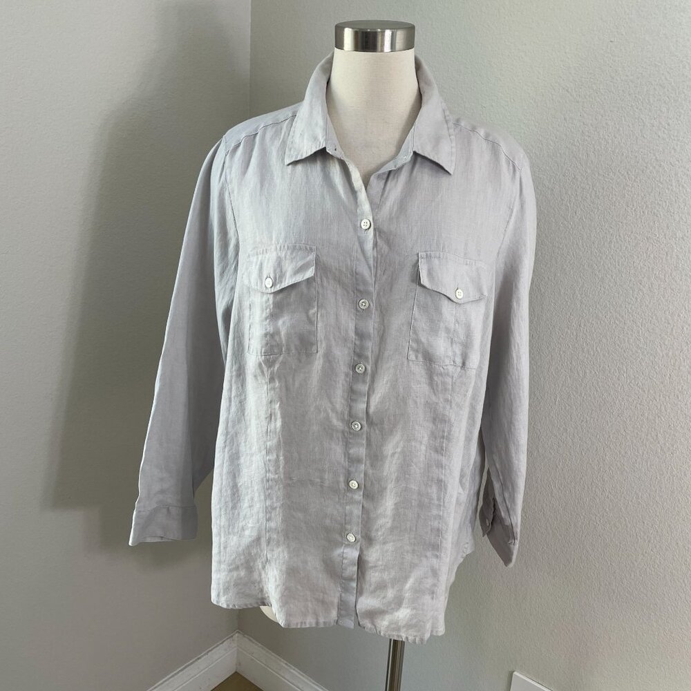 J Jill Womens Plus 1X Love Linen Button Up Shirt Gray Long Sleeve Top